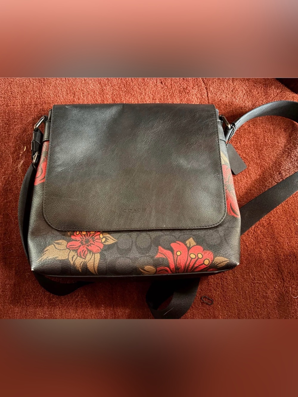 Coach Brown Crossbody Messenger Bag with Red Floral Accent